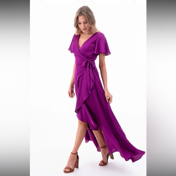 PURPLE WITH FLUTTER SLEEVES RUFFLE WRAP MAGENTA MAXI DRESS 159.00‼️FINAL SALE - Picture 1 of 6